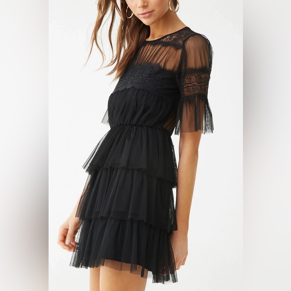 Black Mesh Lace Ruffled Pleated Mini Shirtdress